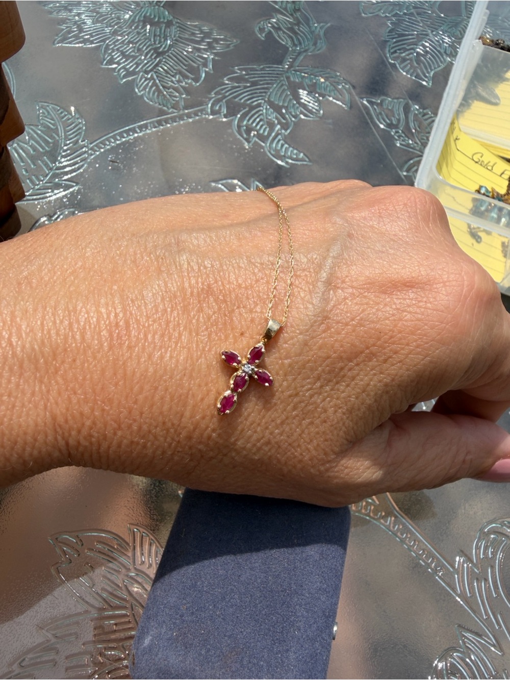 10k solid Gold Cross Pendant Necklace with rubies Gemstones - Women's Jewelry
